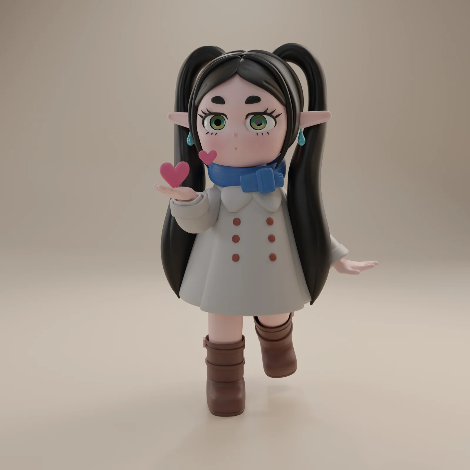 Personaje 3D estilizado de una elfa con abrigo blanco