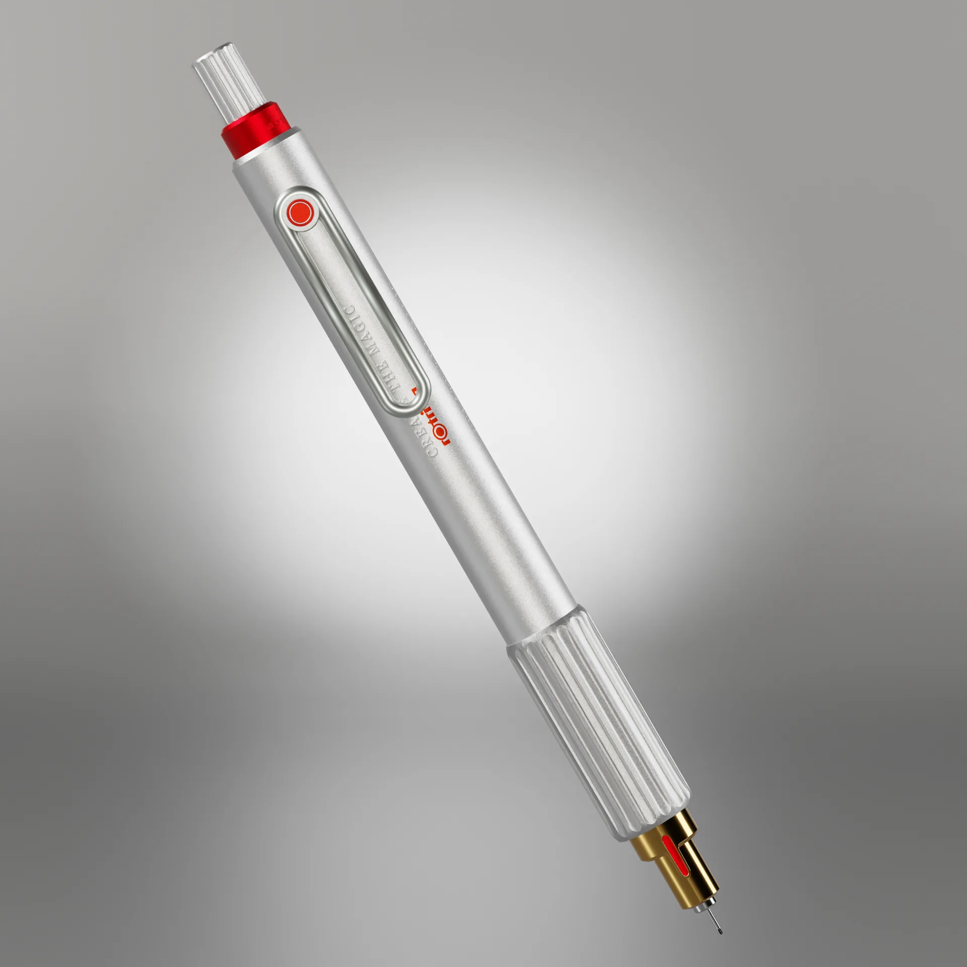 Packshot de estudio del rapidógrafo Rotring en aluminio plateado