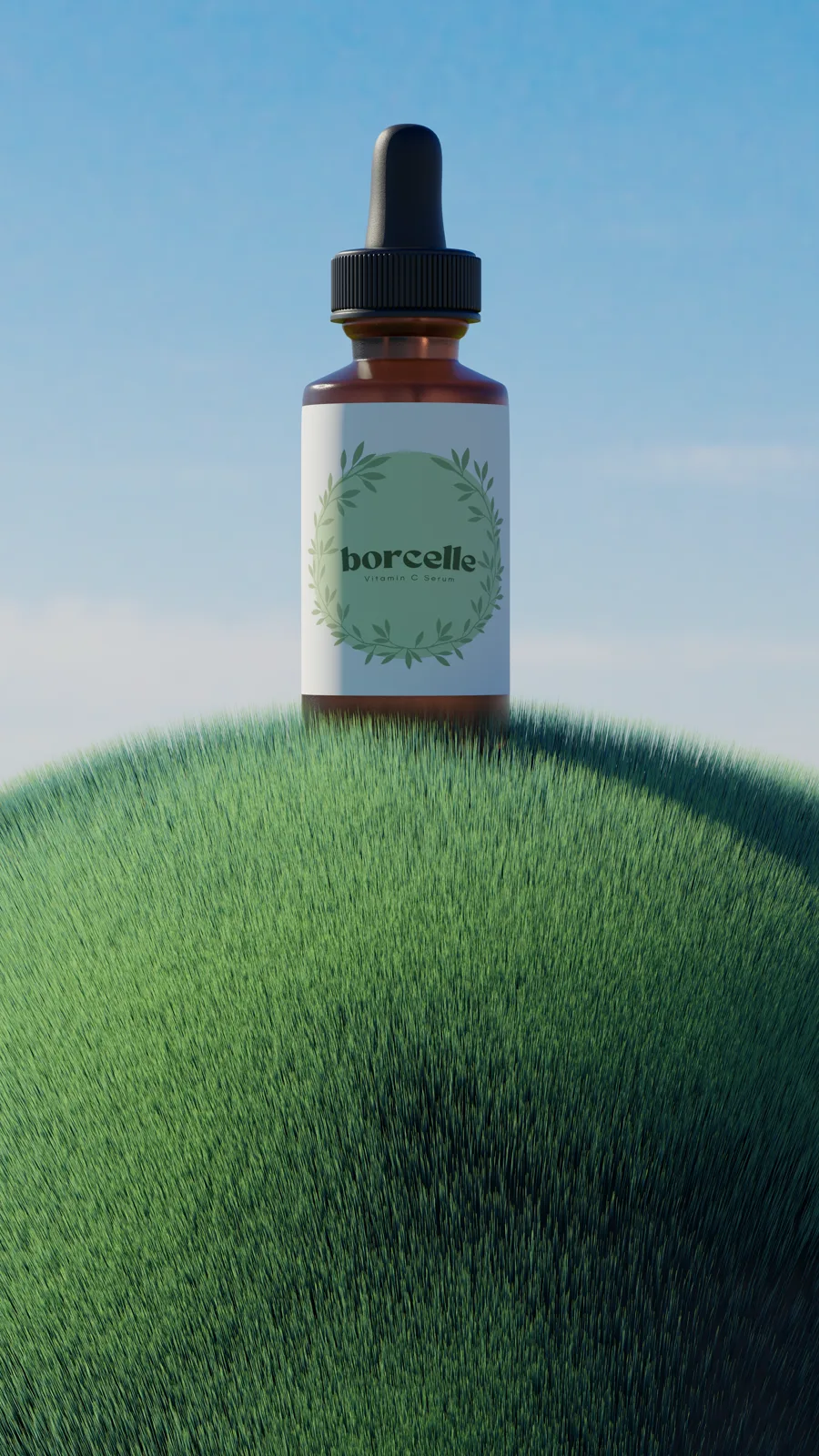 Frasco de sérum Borcelle sobre una colina de césped 3D